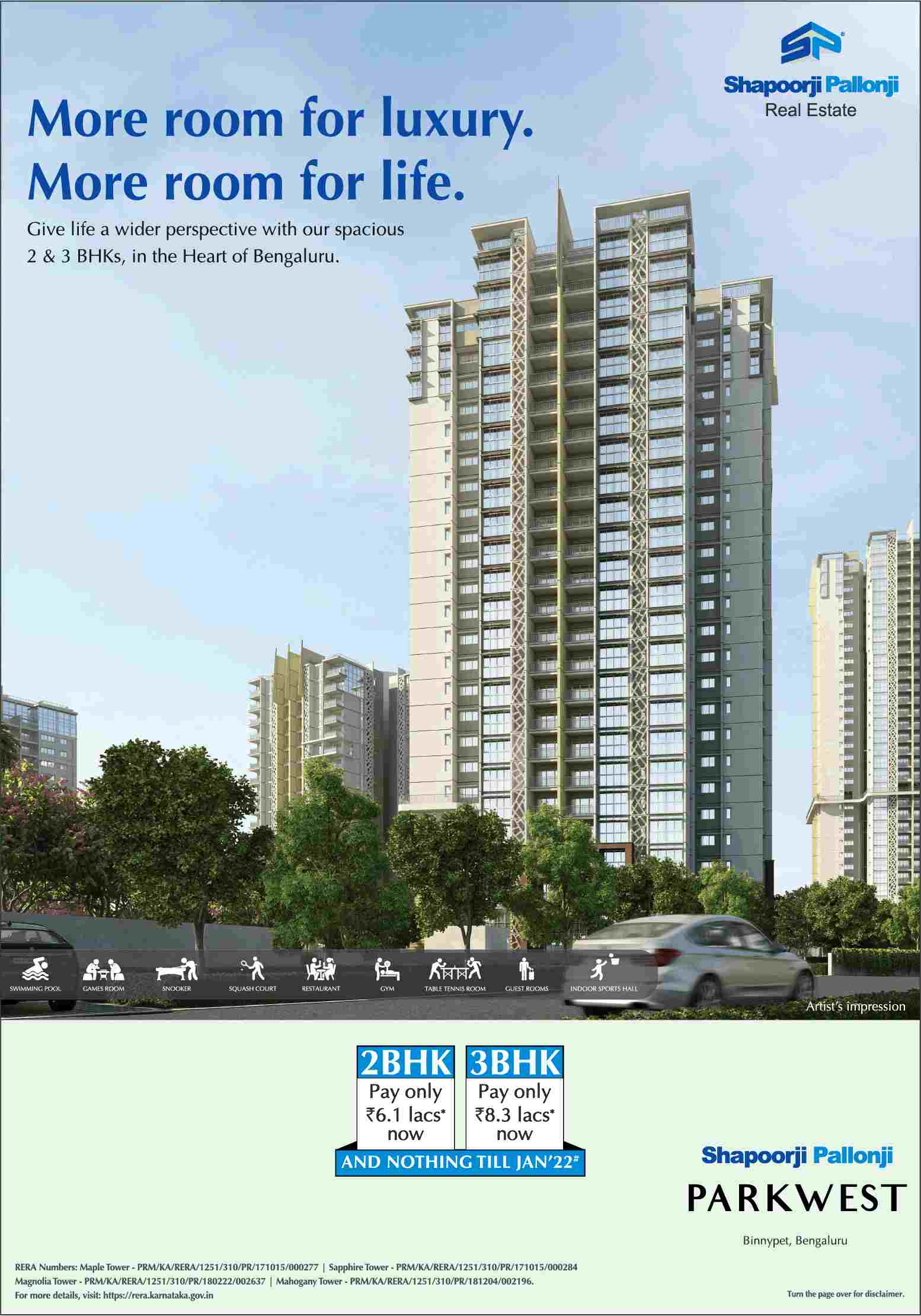 Book 2 & 3 bhk apartment at Shapoorji Pallonji Parkwest in Bangalore